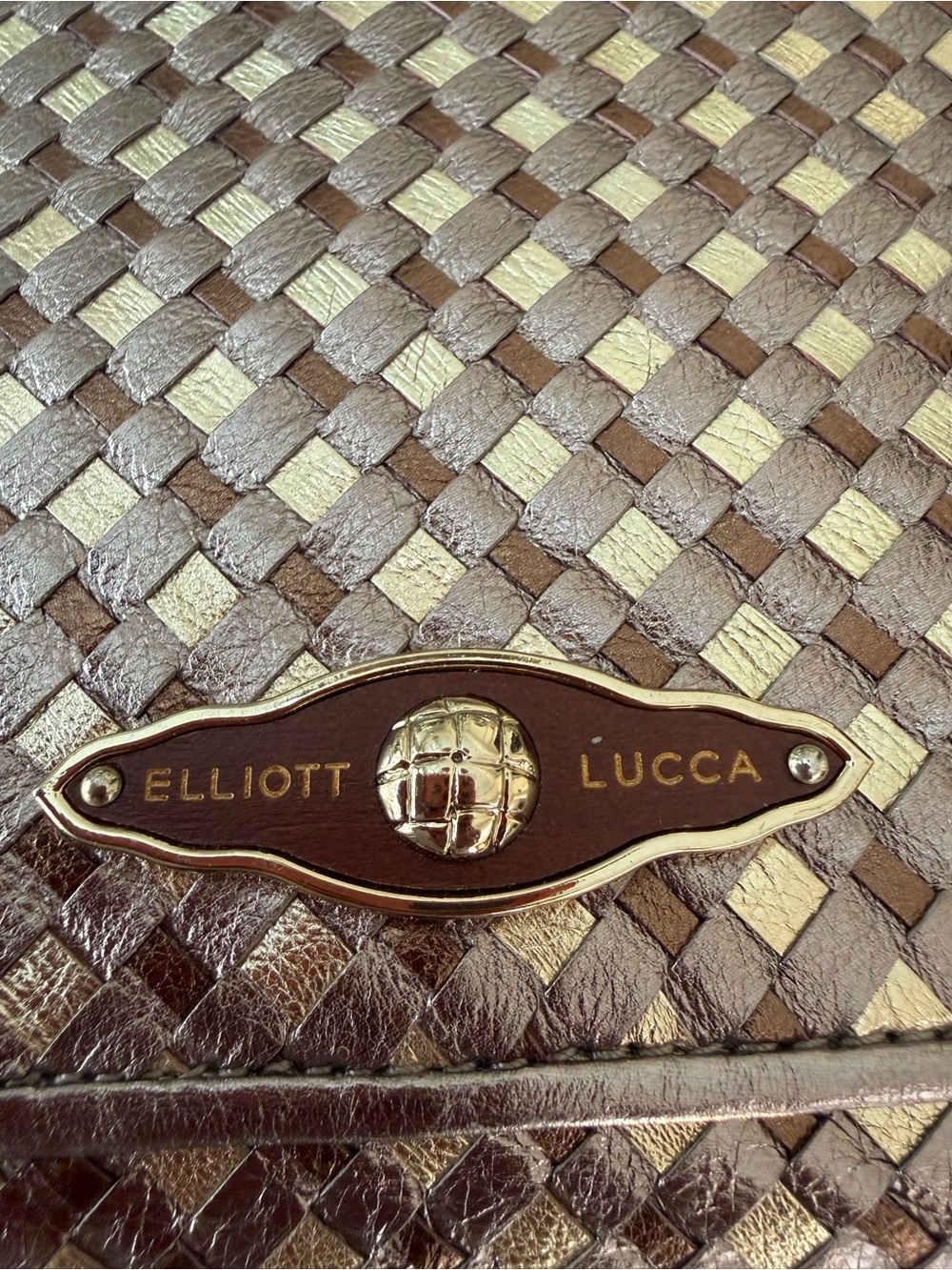 Elliott Lucca Bronze Metallic Woven Shoulder Bag with Gold Plaque